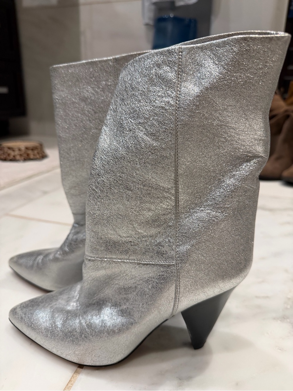 Isabel Marat Silver Pointed-Toe Mid-Calf Heeled Boots 37